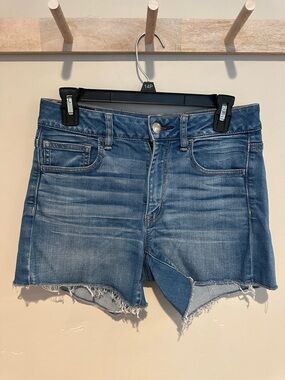 American Eagle Outfitters High Rise Shortie Blue Frayed Hem Denim Shorts